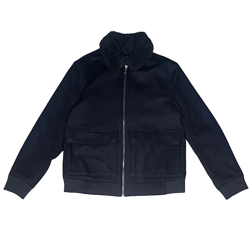 H&M Black Wool Heavy Winter Zip-Up Jacket Large Pockets Faux Fur Neckline Coat